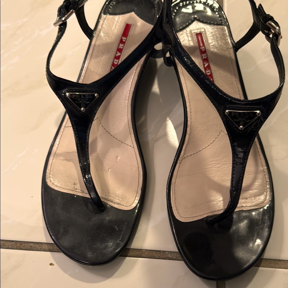 Prada Black Wedge Sandals with Ankle Straps and Glossy Finish